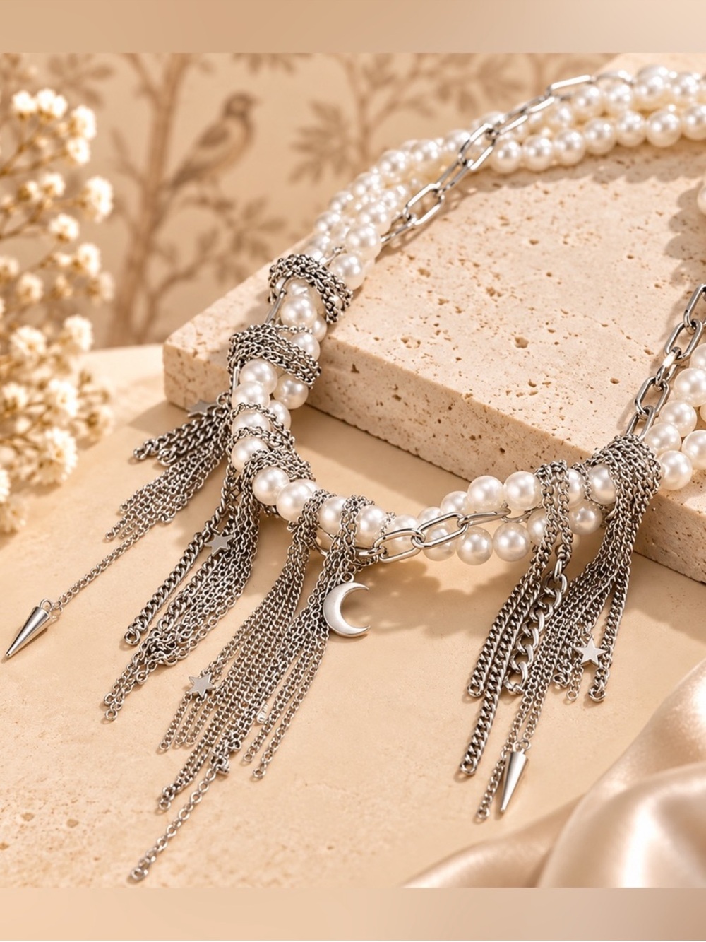 Pearl Tassel Statement Necklace Layered Chain Charm Bib Jewelry